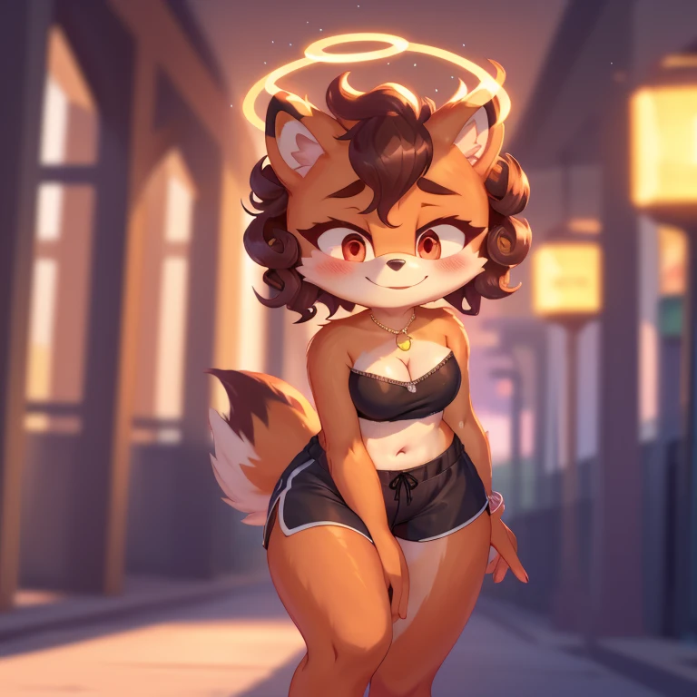 mobian, hedgehog, two-tone fur ((orange fur, brown fur)), pyjama elastic shorts, strapless crop top, cleavage, high-top sneakers, two-tone hair (brown hair, black tip)), curly hair, halo, sunglasses, jewelry, red eyes, longeyelashes, red eyes, smile, shy, blush, high detail, masterpiece, UHD, anatomically correct, super detail, highres, 4K