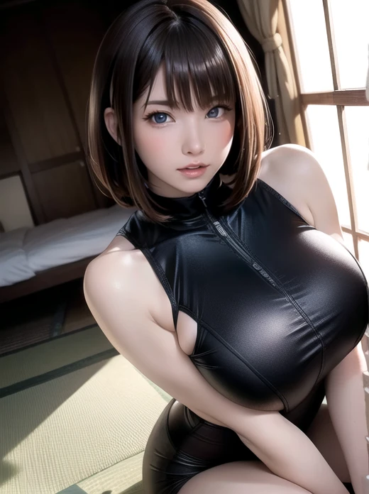 Japanese Girls,(非常にdetailedな肌),curvy,,Beautiful big breasts,(Big Breasts),Pale skin(Fantasy art,Best image quality,Hyperrealist portrait,(8k),Ultra-realistic,最high quality, high quality, High resolution, high quality texture,Attention to detail,Beautiful details,detailed,Extremely detailed CG,detailed Texture,Realistic facial expressions,masterpiece,in front,dynamic,bold),Adult beauty short bob hair,A rounded bob hairstyle that follows the lines of the face、(Very soft hair),(Super Straight Hair:1.5), sleek bangs,Very light coppery amber hair,Hair on one eye、stretching on a yoga mat、Wear yoga clothes、arching your back、lie face down、whole bodyをdetailedに描写、whole body