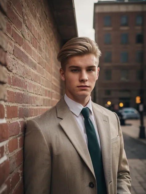 (masterpiece,best quality,photorealistic) (man 22 years old) (full-length photo) (against a brick wall) (man has blond hair, ova...