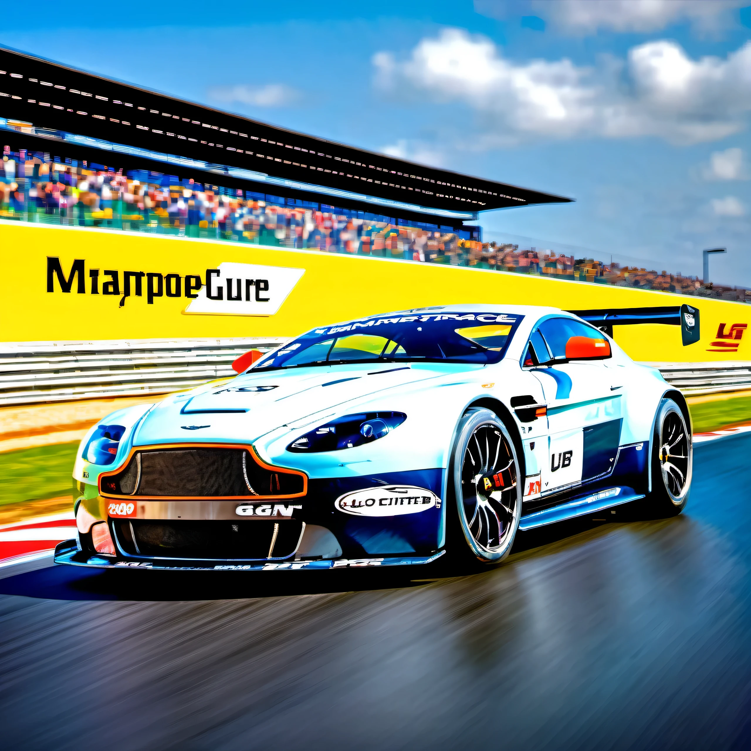 masterpiece, best quality, aston martin v8 vantage amr gte, le mans race track, in motion, full specular sharpened 3D, HDR, UHD, vivid colors, occlusion, masterpiece, panorama, super detail, accurate, best quality, 16K, ultra-super quality, ultra-photo realistic detail, utltra-high nanite atmospheric lighting, ultra-high detailed reflections, very far shot, ultra-wide angle, 4D composite mapping, ultra-high 3D depth mapping quality, ultra-high render quality, OLED, dynamic rich shadows, ultra-high realistic graphics, HDR, (very far shot), ultra-high background detail, god rays, backlighting