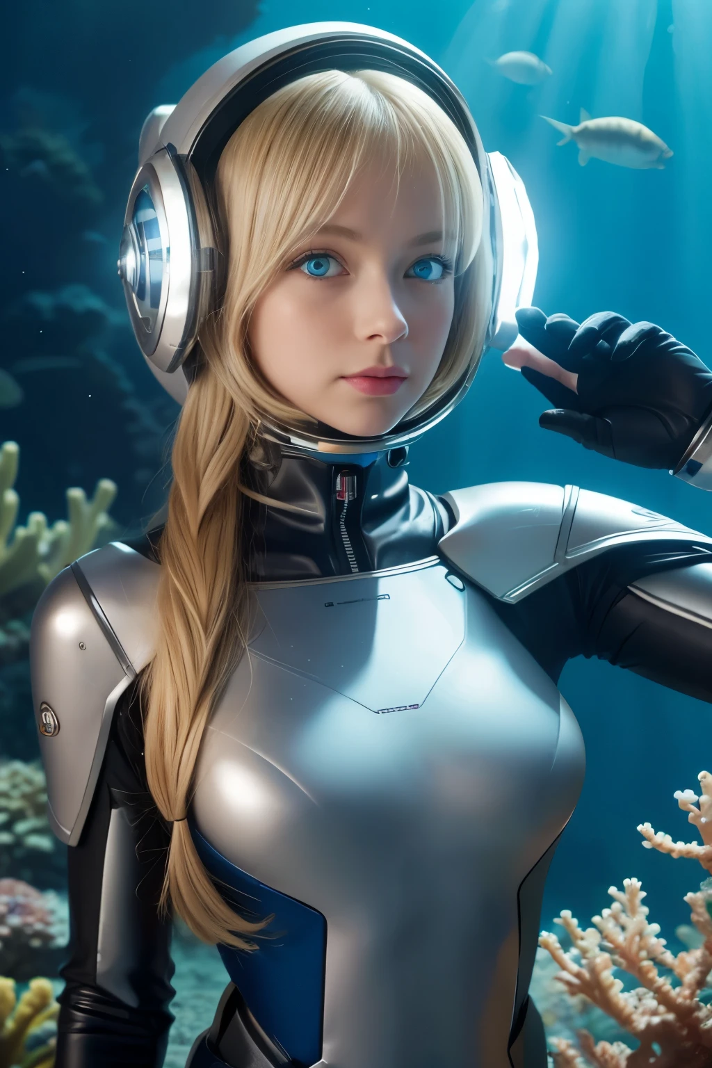 1girl, blonde_hair, solo,(space helmet):6, blue_eyes, looking_at_viewer, futuristic_diving_suit, realistic, breasts, long_hair, lips, medium_breasts, cyborg_enhancements, high_tech_armor, underwater, coral_reef, tropical_fish, sunlight_rays, futuristic_breathing_apparatus