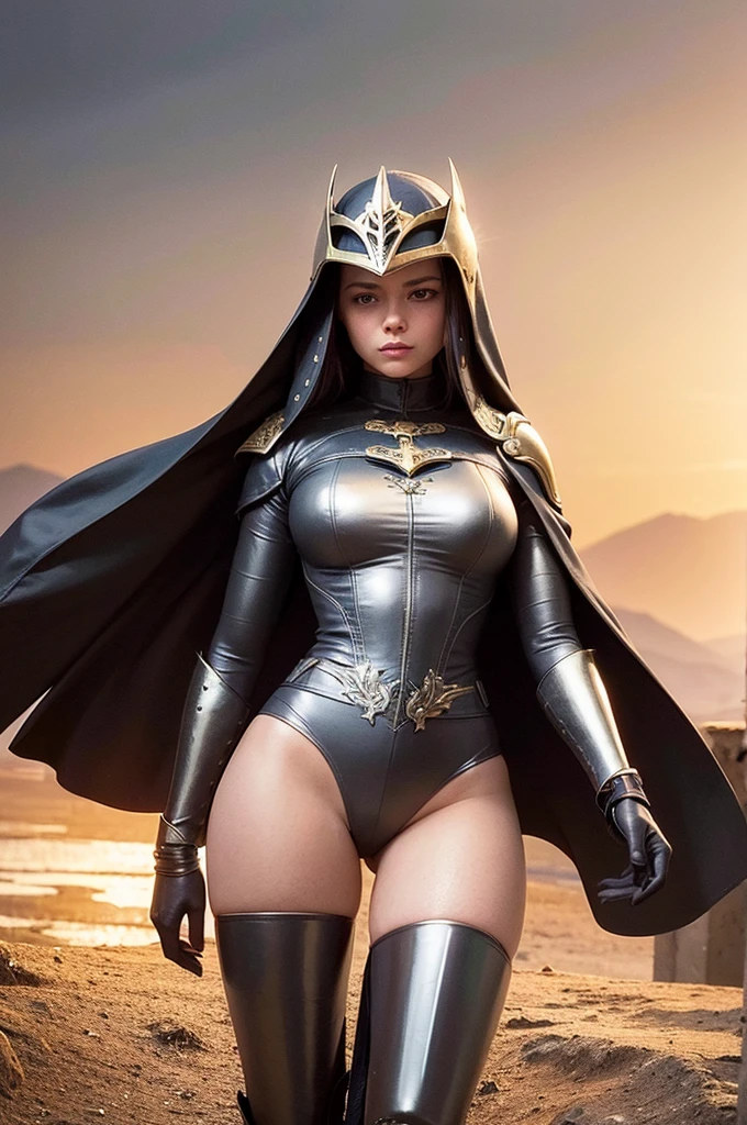 At the top of a steep hill, against the twilight horizon, an imposing figure stands with majesty. A woman, wearing full armor, stands at the highest point of the terrain, gazing determinedly into the valley below. Her helmet is adorned with intricate details, with a visor that reveals only her resolute eyes, shining with the golden light of the setting sun. Her armor, polished to an impeccable shine, is a masterpiece of craftsmanship, each plate meticulously forged to offer maximum protection without compromising mobility. Each piece gleams as it reflects the last rays of sunlight, creating a striking contrast with the somber landscape around her. In her right hand, she holds a longsword, whose gleaming blade seems eager to challenge any adversary that dares to cross her path. In the left, a shield adorned with a familiar crest, symbol of her lineage and heritage. The wind gently stirs the cape that envelops her shoulders, highlighting her firm and confident posture. She is a fearless warrior, a defender of her realm and her people, ready to face any challenge that fate may hold. Around her, the medieval scenery unfolds in all its grandeur. Castle towers rise against the orange-tinted sky, while verdant fields stretch as far as the eye can see. The distant sound of church bells and the clashing of swords echo through the air, reminding her of the constantly conflicted world she has sworn to protect. In this solemn moment, she prepares to descend the steep slope toward the valley below, where destiny awaits with its challenges and dangers. But she does not falter; her heart is filled with courage and determination, ready to face any battle that life may present her.