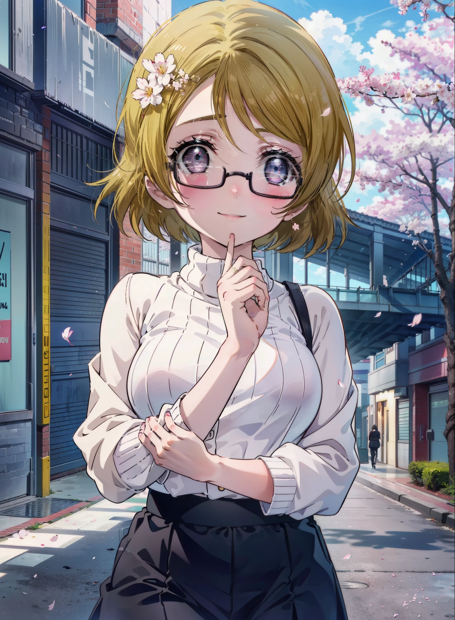 Hanayo Koizumi, hanayo　小泉, ショートヘア, 茶髪, 紫色の目,巨乳,黒縁メガネ,セーター,ロングスカート,ミニブーツ,桜が咲いている,桜が散らばっている,桜並木道,happy 笑顔, 笑顔, 口を開けて,全身がイラストの中に入っていくように,笑顔,赤面,
壊す looking at viewer, (カウボーイショット:1. 5)
壊す outdoors, 学校　学校 building, 
壊す (傑作:1.2), 最高品質, 高解像度, ユニティ 8k 壁紙, (形:0.8), (細かくて美しい目:1.6), 非常に詳細な顔, 完璧な照明, 非常に詳細なCG, (完璧な手, 完璧な解剖学),