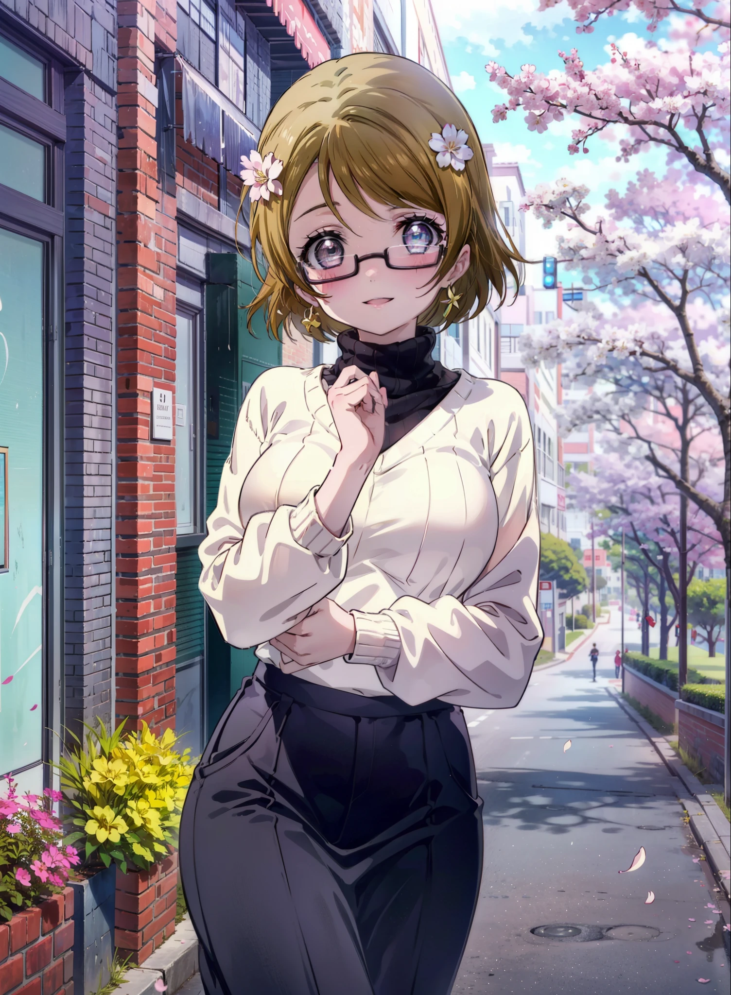 Hanayo Koizumi, hanayo　koizumi, Short Hair, Brown Hair, Purple eyes,Big Breasts,Black-rimmed glasses,sweater,Long skirt,Mini Boots,Cherry blossoms are blooming,Cherry blossoms are scattered,Cherry blossom tree-lined path,happy smile, smile, Open your mouth,So that the whole body goes into the illustration,smile,blush,
break looking at viewer, (Cowboy Shot:1. 5)
break outdoors, School　School building, 
break (masterpiece:1.2), highest quality, High resolution, unity 8k wallpaper, (figure:0.8), (Detailed and beautiful eyes:1.6), Highly detailed face, Perfect lighting, Extremely detailed CG, (Perfect hands, Perfect Anatomy),