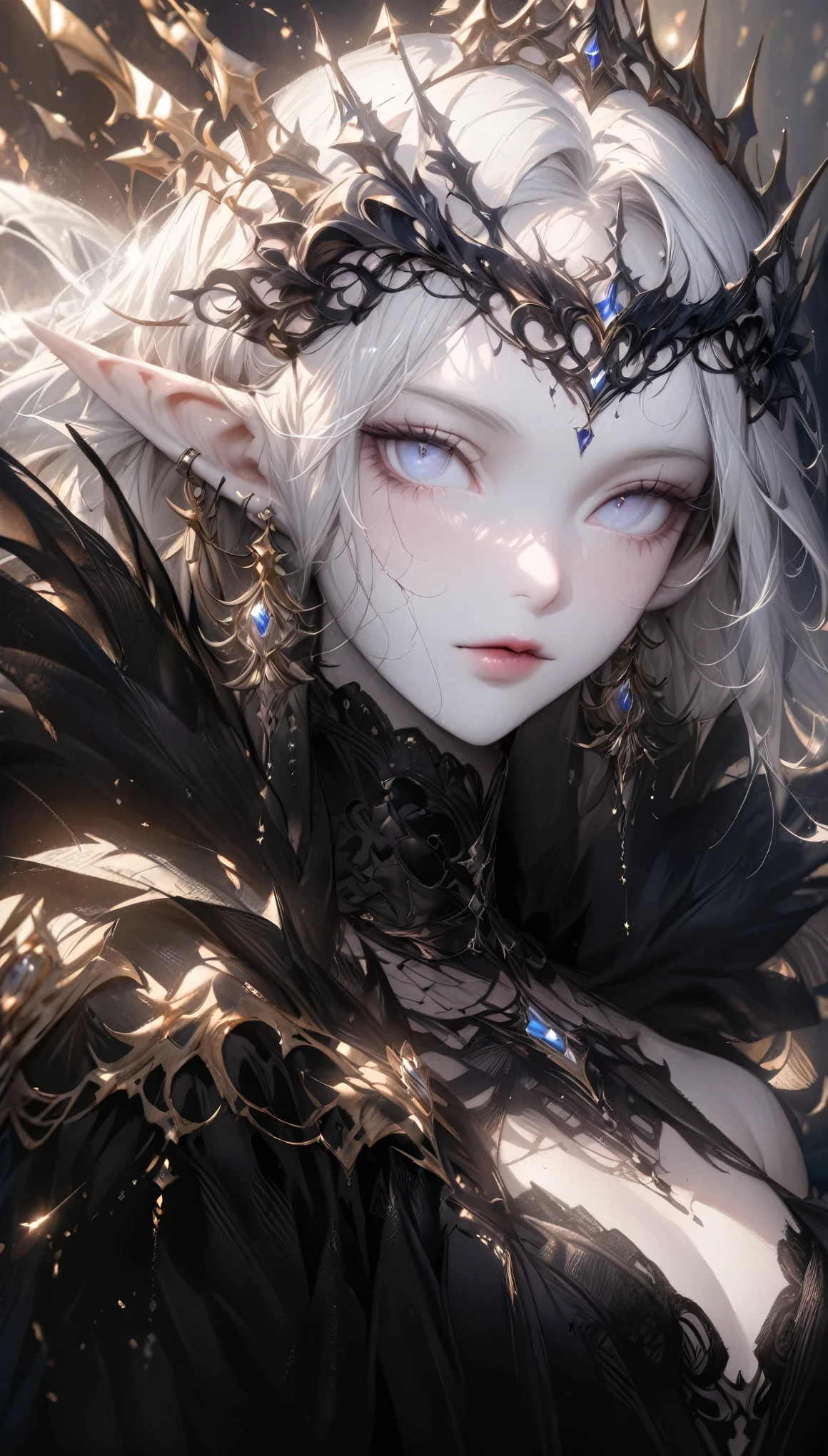 (best quality, realistic:1.37) white-haired elf, dark queen with blue eyes, portraying her royal elegance. She wears a stunning black dress that contrasts beautifully with her pale skin. Her face is flawlessly beautiful, with intricate details that highlight her enchanting features. The portrait captures her regal aura and mysterious allure. Mature young lady.