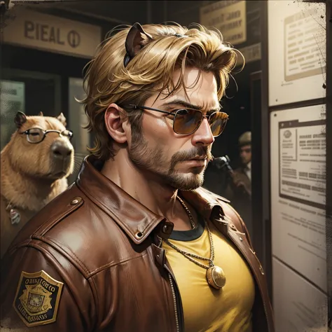ultra realistic, wanted poster, smug shot of a capybara wearing sunglasses and gold chain, front and profile, chicago police, di...