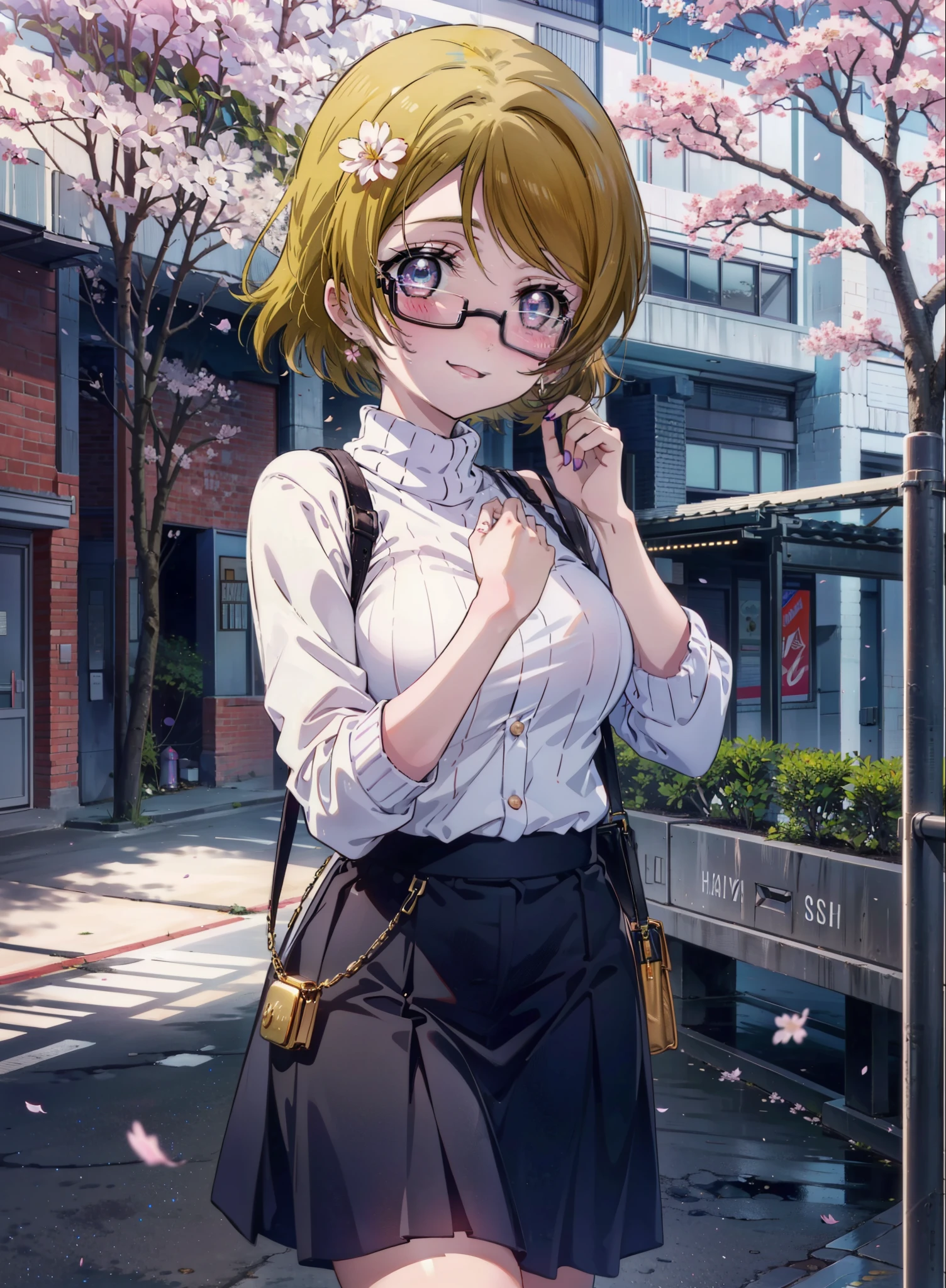 Hanayo Koizumi, hanayo　koizumi, cabelo curto, cabelo castanho, olhos roxos,seios grandes,Óculos de aro preto,suéter,Saia longa,Minibotas,flores de cerejeira estão florescendo,As flores de cerejeira estão espalhadas,Caminho arborizado de flores de cerejeira,happy sorriso, sorriso, Abra sua boca,Para que todo o corpo entre na ilustração,sorriso,corar,
QUEBRAR looking at viewer, (tiro de vaqueiro:1. 5)
QUEBRAR outdoors, Escola　Escola building, 
QUEBRAR (obra de arte:1.2), mais alta qualidade, Alta resolução, papel de parede da unidade 8k, (figura:0.8), (olhos detalhados e lindos:1.6), Rosto altamente detalhado, iluminação perfeita, CG extremamente detalhado, (mãos perfeitas, anatomia perfeita),