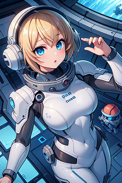 1girl, blonde_hair, solo,(space helmet):6, blue_eyes, looking_at_viewer, futuristic_diving_suit, realistic, breasts, short_hair, lips, medium_breasts, cyborg_enhancements, high_tech_armor, underwater, coral_reef, tropical_fish, sunlight_rays, futuristic_breathing_apparatus