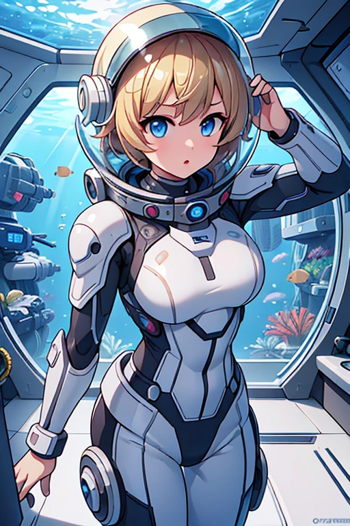 1girl, blonde_hair, solo,(space helmet):6, blue_eyes, looking_at_viewer, futuristic_diving_suit, realistic, breasts, short_hair, lips, medium_breasts, cyborg_enhancements, high_tech_armor, underwater, coral_reef, tropical_fish, sunlight_rays, futuristic_breathing_apparatus