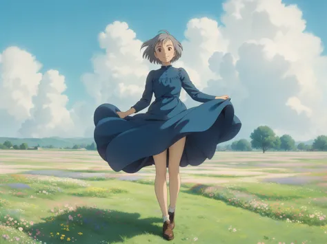 StudioGhibliStyleHMC, 1girl, short grey hair, blue dress, wind lift, closed mouth smiling, brown shoes, in a flower field, cloudy sky, (masterpiece, best quality:1.2)
