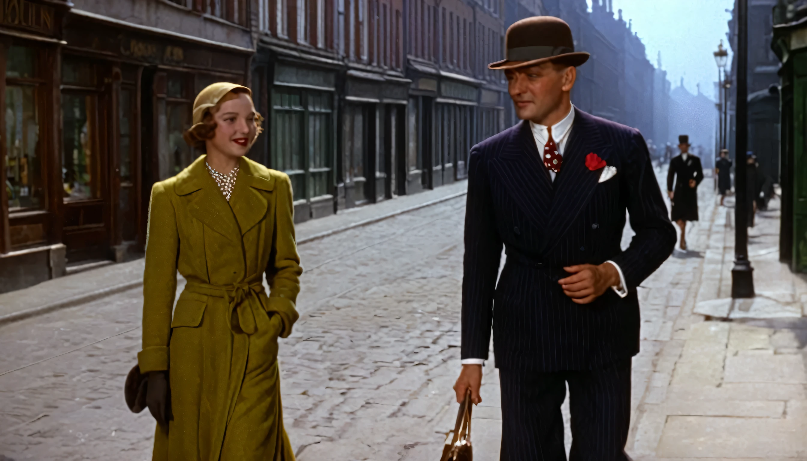 a lady and a gentleman walking on the street, 1930s