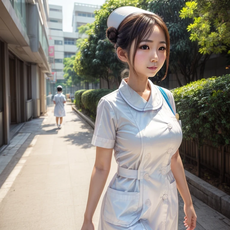 ((Obra de arte,melhor qualidade))1 garota, rosto asiático, uniforme de enfermeira branco, hospital, peito grande, cabelo com coque, andando, Fundo bokeh brilhante, 
