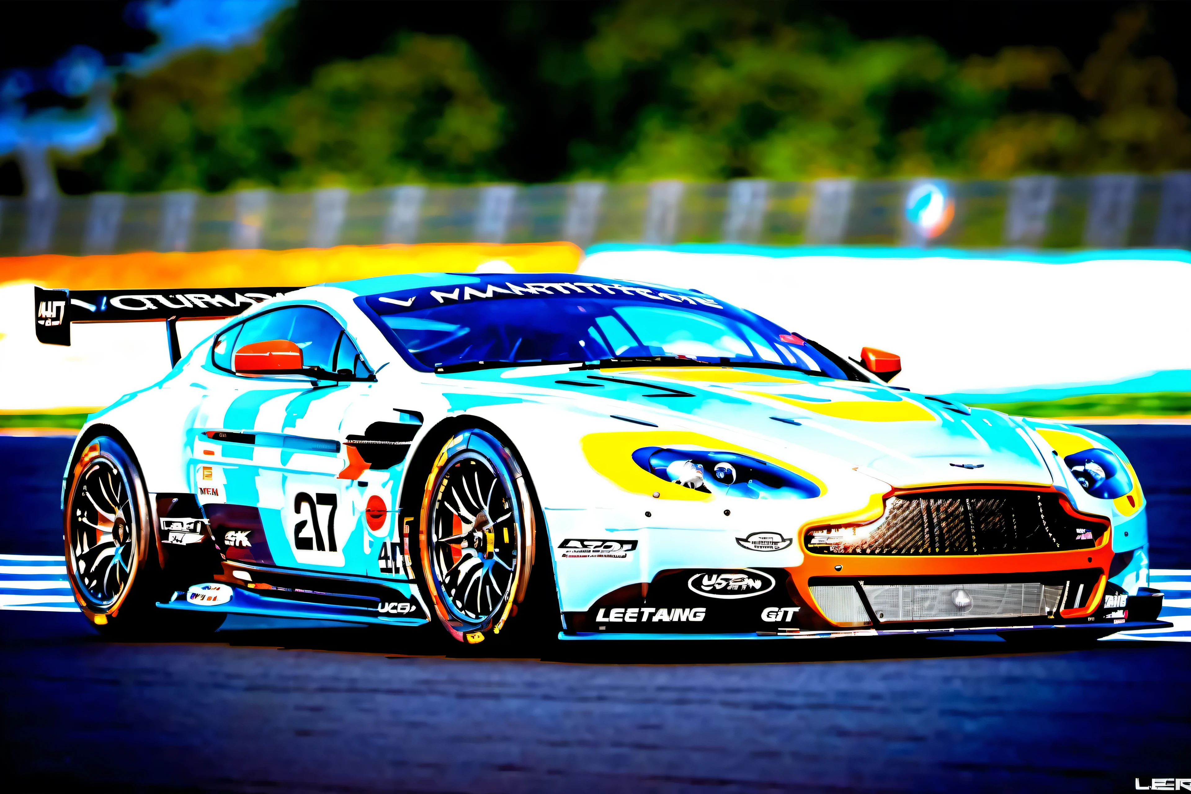 masterpiece, best quality, aston martin v8 vantage amr gte, le mans race track, in motion, full specular sharpened 3D, HDR, UHD, vivid colors, occlusion, masterpiece, panorama, super detail, accurate, best quality, 16K, ultra-super quality, ultra-photo realistic detail, utltra-high nanite atmospheric lighting, ultra-high detailed reflections, very far shot, ultra-wide angle, 4D composite mapping, ultra-high 3D depth mapping quality, ultra-high render quality, OLED, dynamic rich shadows, ultra-high realistic graphics, HDR, (very far shot), ultra-high background detail, god rays, backlighting