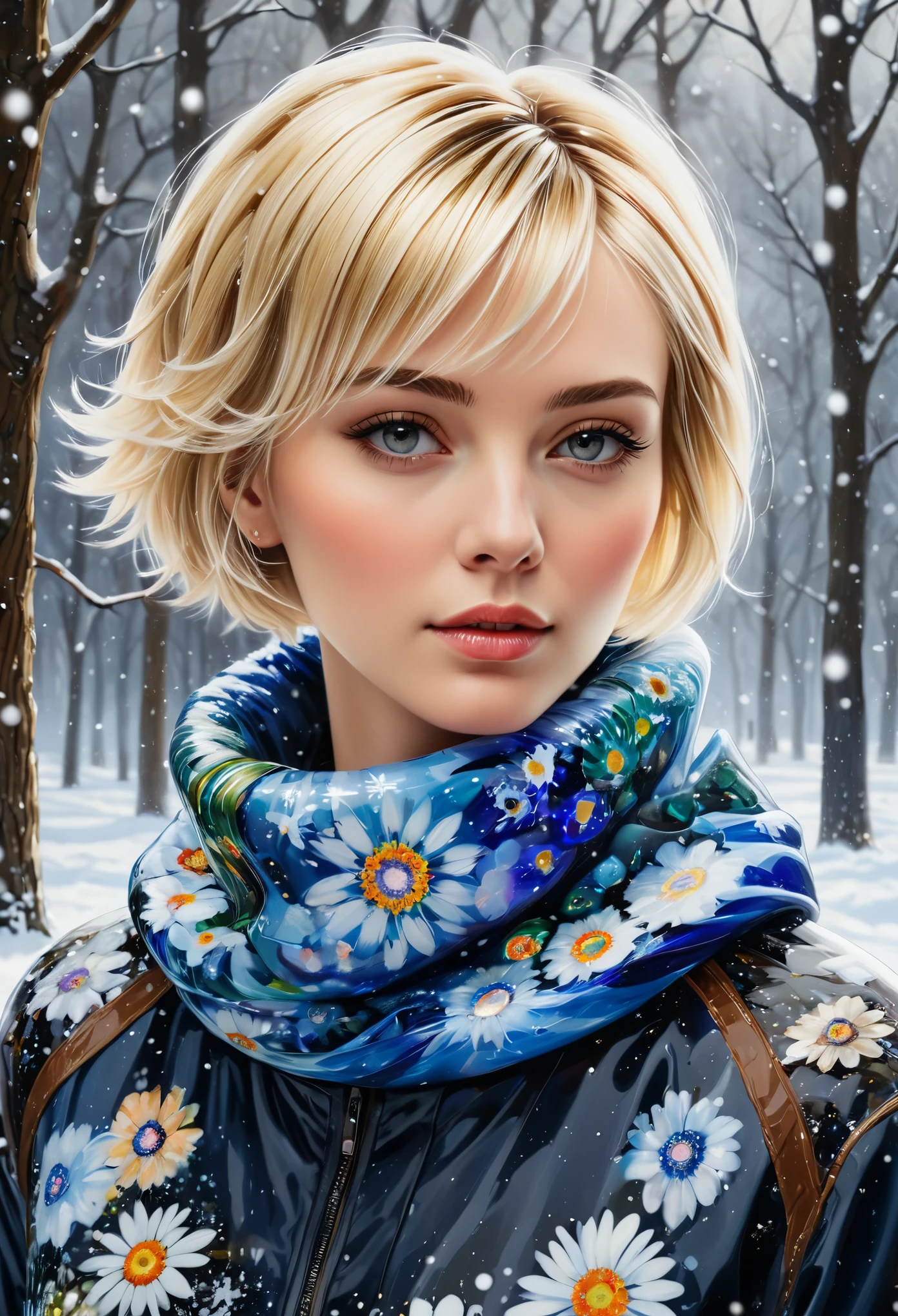 (painting, masterpiece, best quality, Super detailed, Focus on the role), blonde short hair, ([retreat:0.8]|[ face facing retreatwards:1.1]), Serious face, ([Cold scene:1.2]|[ snowy retreatground:1.3]| [High contrast:1.1])  ,Millefiori glass style