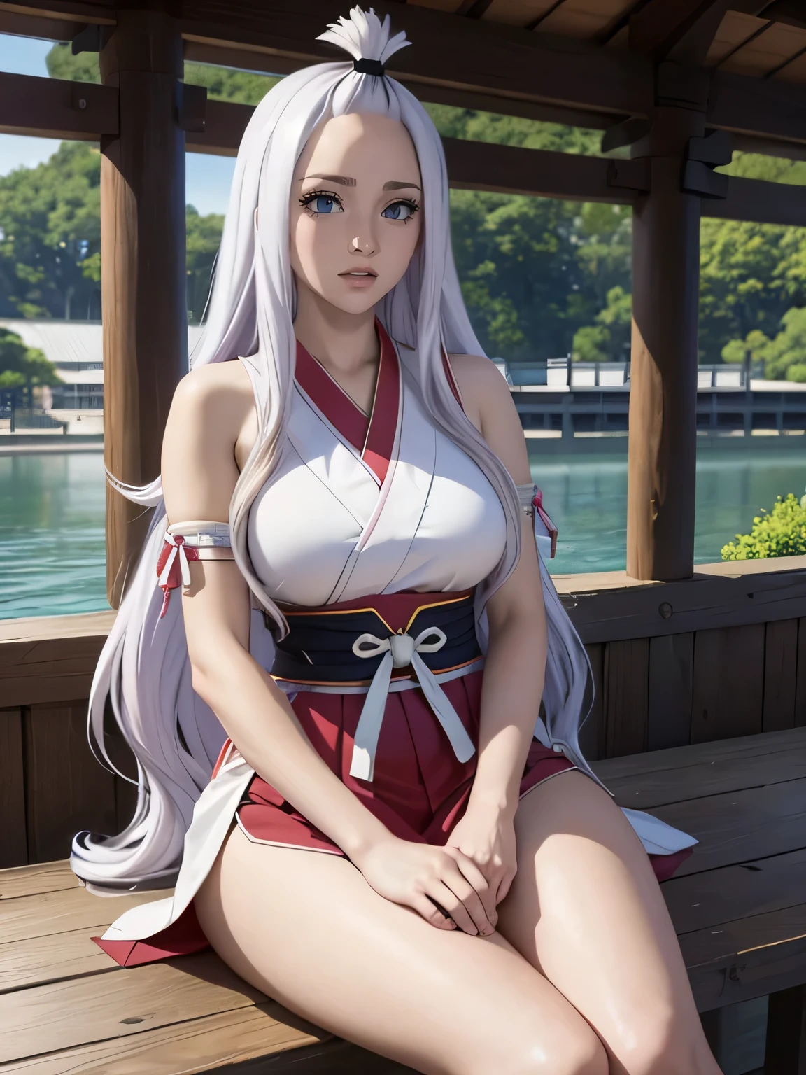 Anime girl with long white hair sits on a pier next to a lake, Japanese goddess, seductive realistic girl, big ,Beautiful, alluring ,goddess of correct anatomy, Beautiful anime woman, Beautiful girl, white-haired deity, Hyper realistic girl in real life, Photorealistic anime, realistic female cosplay, advanced digital realistic art, Japanese fantasy