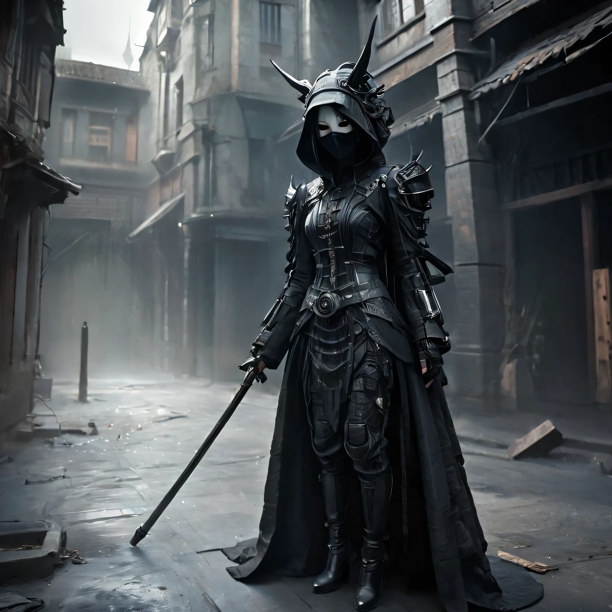 image arafée d&#39;une personne vêtue d&#39;une tenue noire et d&#39;un masque, samouraï cyberpunk effrayant, gothique - cyberpunk, cyberpunk orthodoxe, cyberpunk rococo, ornamental gothique - cyberpunk, cosplay orné, Cyberpunk occulte, cyborg mystique post-apocalyptique, Ange steampunk, personnage fantastique hyperdétaillé, esthétique steampunk, style fantastique steampunk, gothique japonais, hyper-gothique, belle femme dieu de la mort,tenir le bâton du sorcier