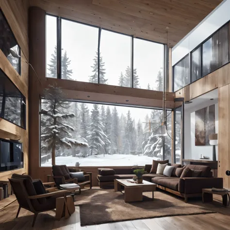 8k,32k,highest quality, Chair, sofa, plant, Snow Scene, Disorganized, composition, cup, interior, Floor-to-ceiling windows, Wood...