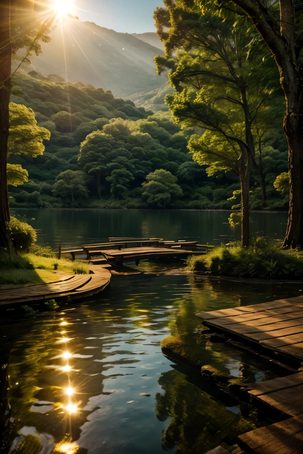 crear una imagen de un paisaje sereno e inspirador, bosque natural, Tres, lago, sol, Paisaje natural zen, hdr