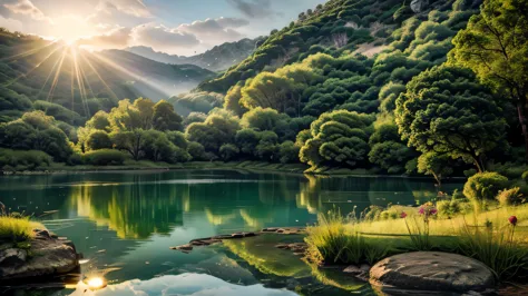create image serene and inspiring scenery, natural florest, three, lake, sun, Zen natural landscape, HDR