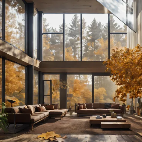 8k,32k,highest quality, chair, sofa, plant, autumn foliage scenery, , disorganized, composition, cup, interior, floor-to-ceiling...