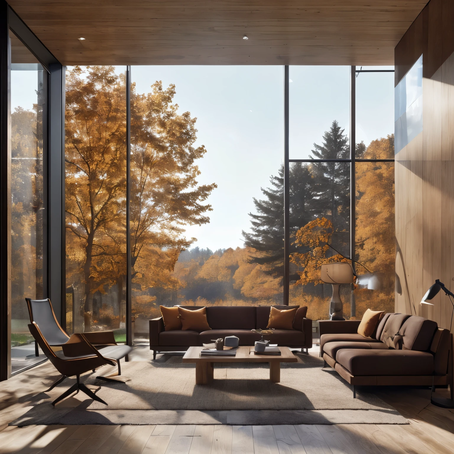 8k,32k,highest quality, Chair, sofa, plant, Autumn foliage scenery, , Disorganized, composition, cup, interior, Floor-to-ceiling windows, Wooden floor, living room, Dark brown