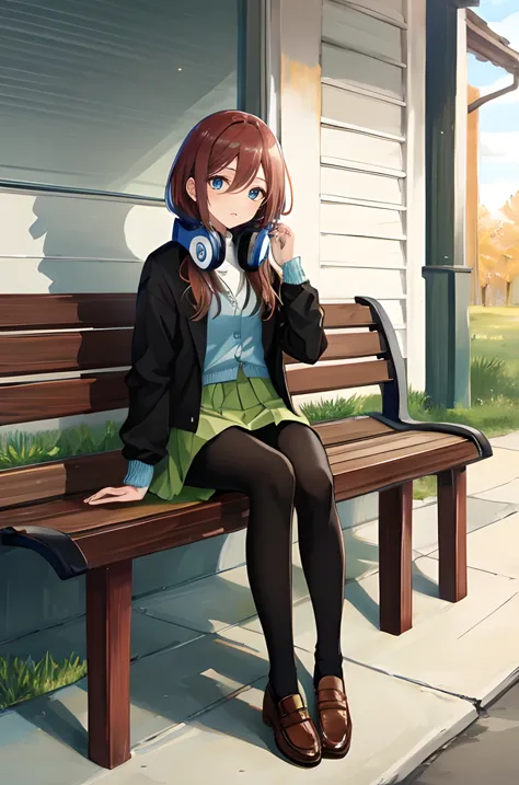 (masterpiece, high quality:1.2), nm1, headphones around neck, long sleeves, blue cardigan, green skirt, pantyhose, black jacket,...