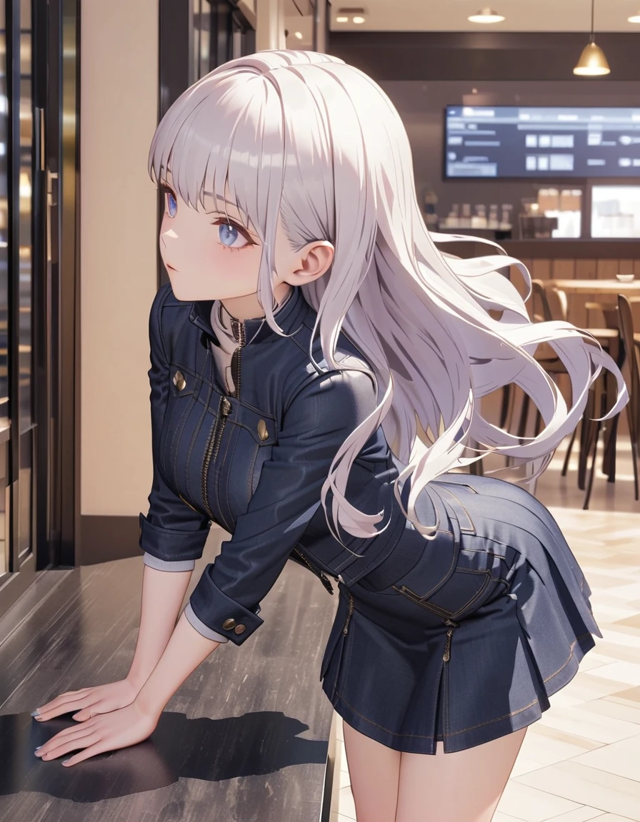 Blue bright eyes, short white hair, short skirt, cafe, jeans jacket, standing pose, ultrasharp, highres, 8k