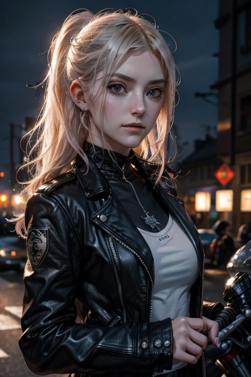 blonde short hair, glowing blue eyes, white pale skin, ((Katherine Winnick)), portrait, full Leather Clothing, Biker clothing, thin nose, thin chin, dark night scene, Motorradclub, Highly detailed RAW color graphics, (detailed skin, Skin texture), (muscle), complicatede Details, fine details, Hyperdetailed, Raytracing, Subsurface scattering, diffuses, soft lights, red and blue headlight, von Jeremy Mann, Greg Manchess, Antonio Moro, Trend at Artstation, Trend bei CGSociety, complicated, high detailed, keen focus, dramatic and photorealistic painting art by midjourney, Bokeh in the background, Motorradclub jacket, best quality, ​masterpiece, only 1 girl, close up portrait, night dark ambient, Look at the viewer, leather jacket, Leather Clothing, Night Street, 
