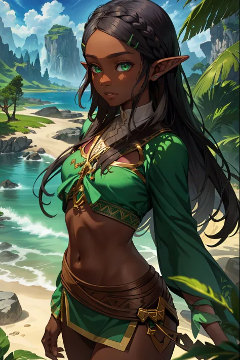 aazelda, long hair, pointy ears, dark skin, Green eyes, (extremely detailed CG unity 4k wallpaper),(masterpiece),(best quality),...