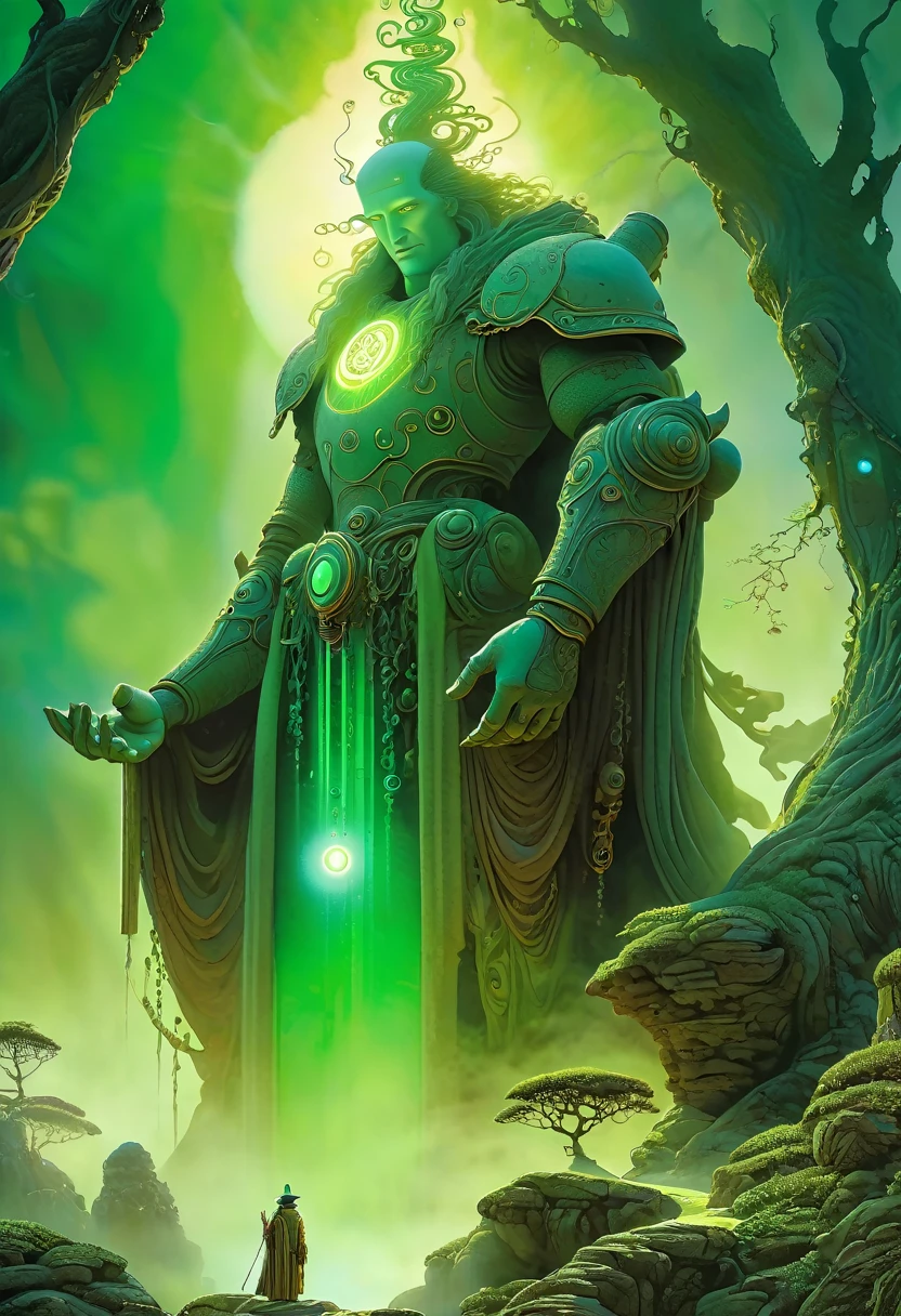 (melhor qualidade,4K,8K,alta resolução,obra de arte:1.2),Ultra-detalhado,(realista,photorealista,photo-realista:1.37),Golem, made of vegetal, alquimia, hermetismo,ancestral,pedra desgastada,meticulosamente esculpido,vinhas emaranhadas,floresta Negra,pequenas criaturas mágicas,luz solar manchada,sombras e luz,gradientes sutis,ricas cores terrosas,Arte conceitual inspirada em Jean Giraud Moebius,brilho etéreo,inscrições elaboradas,symbols of mystery and alquimia,névoa mística,Expressão solene,olhos brilhando com luz verde,sotaques steampunk,designs em forma de engrenagem,magia emanando de seu núcleo,guardião protetor,estatura imponente,aura sinistra,segredos do universo,Aproveitando o Poder da Natureza,ancestral wisdom emerging from nature's embrace,transcendência da vida e da morte,aura mágica irradiando de dentro., Estilo Yoshitaka Amano