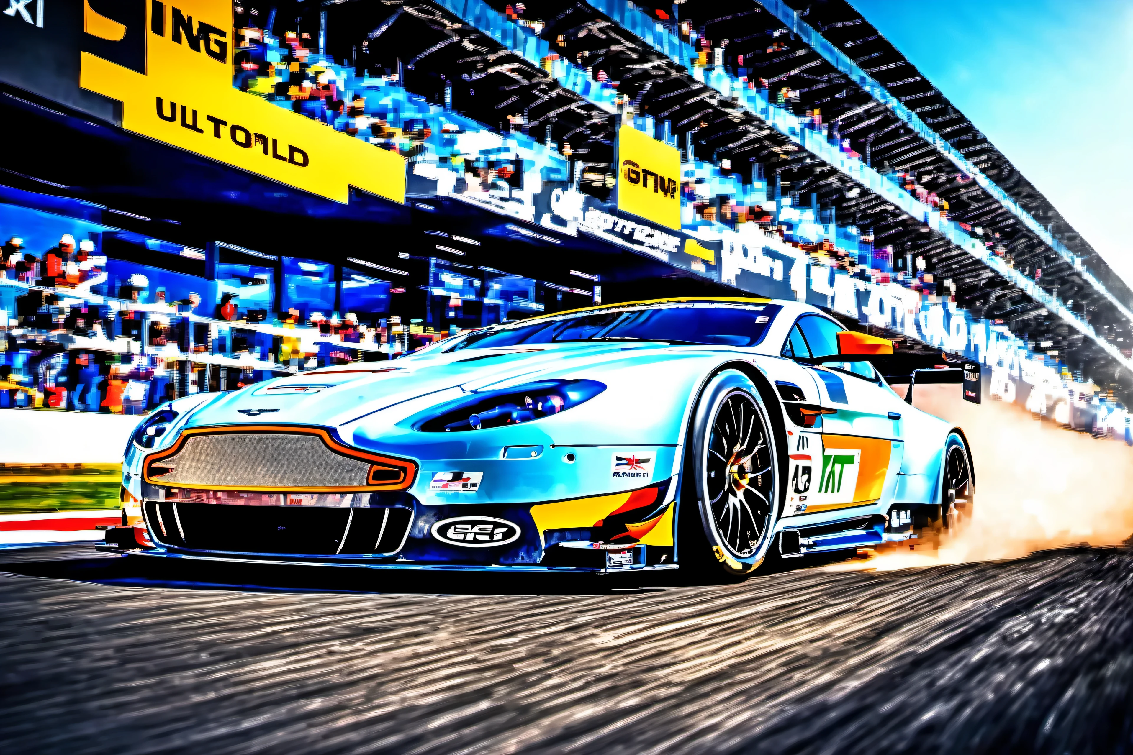 masterpiece, best quality, aston martin v8 vantage amr gte, le mans race track, in motion, full specular sharpened 3D, HDR, UHD, vivid colors, occlusion, masterpiece, panorama, super detail, accurate, best quality, 16K, ultra-super quality, ultra-photo realistic detail, utltra-high nanite atmospheric lighting, ultra-high detailed reflections, very far shot, ultra-wide angle, 4D composite mapping, ultra-high 3D depth mapping quality, ultra-high render quality, OLED, dynamic rich shadows, ultra-high realistic graphics, HDR, (very far shot), ultra-high background detail, god rays, backlighting