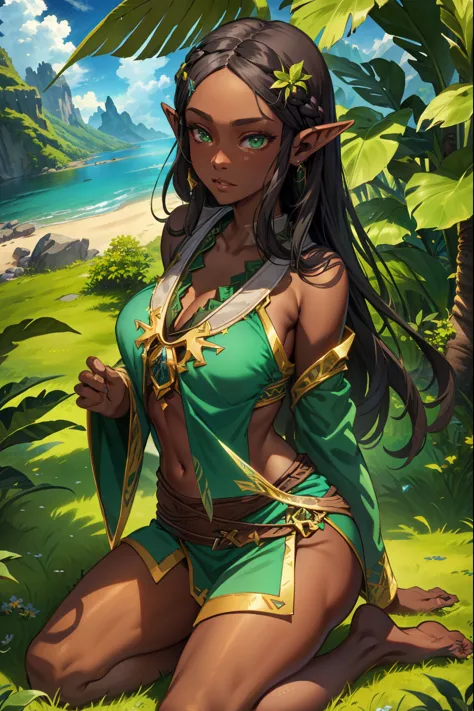 aazelda, long hair, pointy ears, dark skin, Green eyes, Seiza, (extremely detailed CG unity 4k wallpaper),(masterpiece),(best qu...