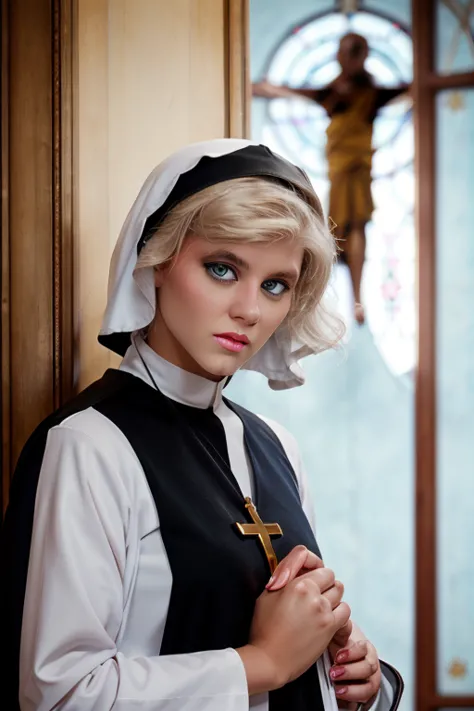 nun, cross, bible, blonde hair, church, realistic and detailed eyes, provocative 