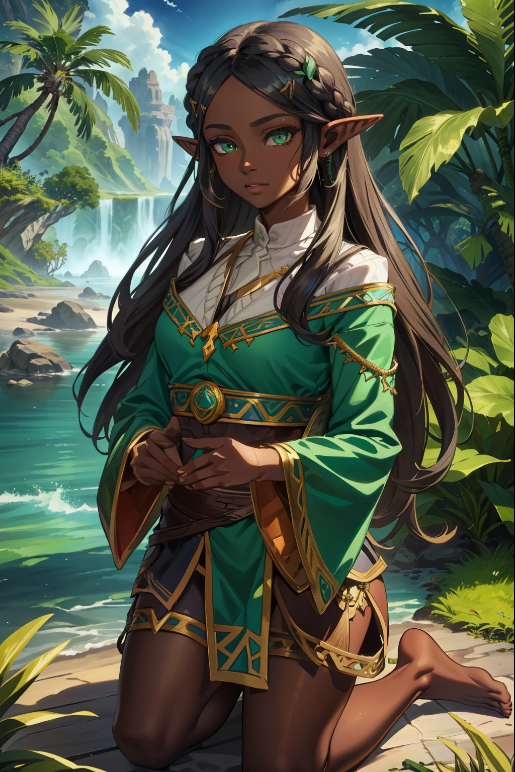 aazelda, long hair, pointy ears, dark skin, Green eyes, Seiza, Feet, (extremely detailed CG unity 4k wallpaper),(masterpiece),(best quality),(ultra-detailed),(best illustration),(best shadow),(absurdres),(detailed background), Tropical island, Native girl, Black hair, Tribal outfit, 