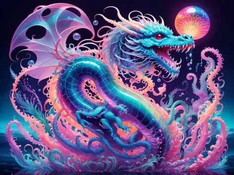 Pop art style fantasy creature,jellyfish + dragon,水下dragon,Hybrids,8k,Beautiful Lights,Soon,The art of math,Intricate details,Ne...