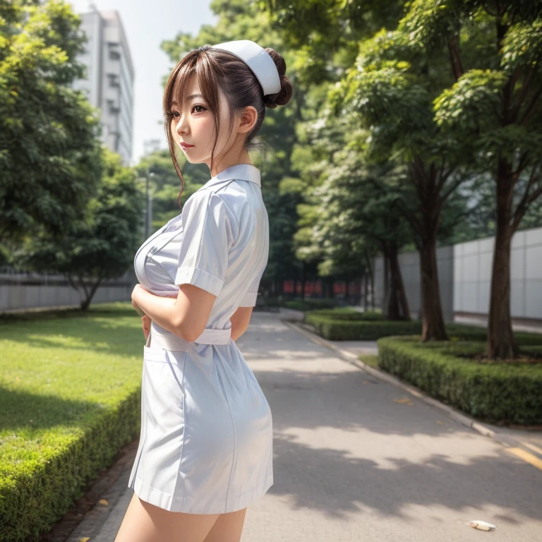 ((masterpiece,best quality)), a 22 years old girl, asian face, hyper realistic skin texture, proportional body, large breasts, bun hair, white nurse uniform, hospital, walking, bright bokeh background, RAW photo, side view photoshot, 