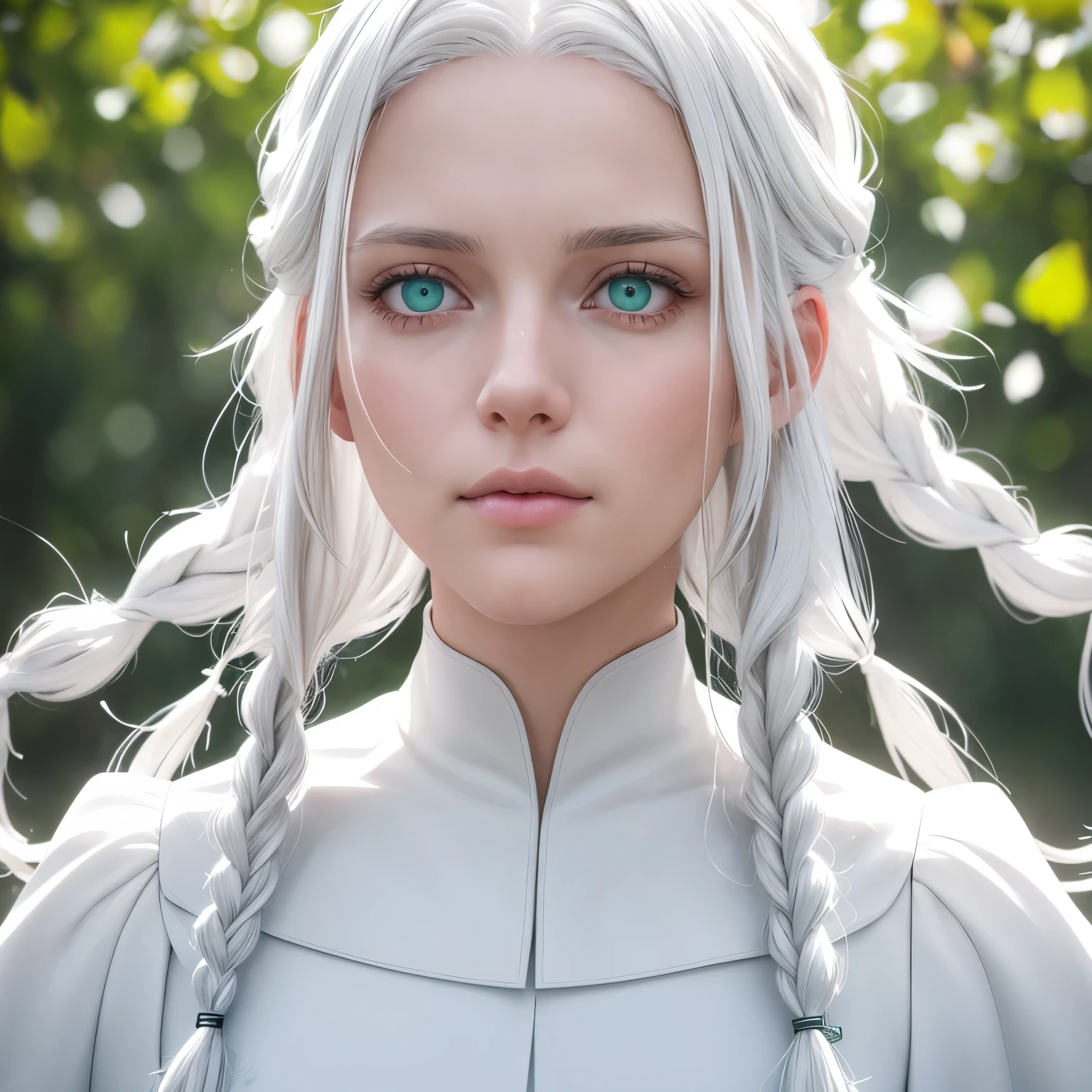 Portrait of a person with white hair, green eyes, clad in white clothes, gaze directed upward focusing on the strands of hair and fair skin, featuring side braids, upper body depicted with photorealistic detail, including depth of field effect and super resolution, captured in 8K full HD, 3D quality, ultra-realistic, dramatic lighting