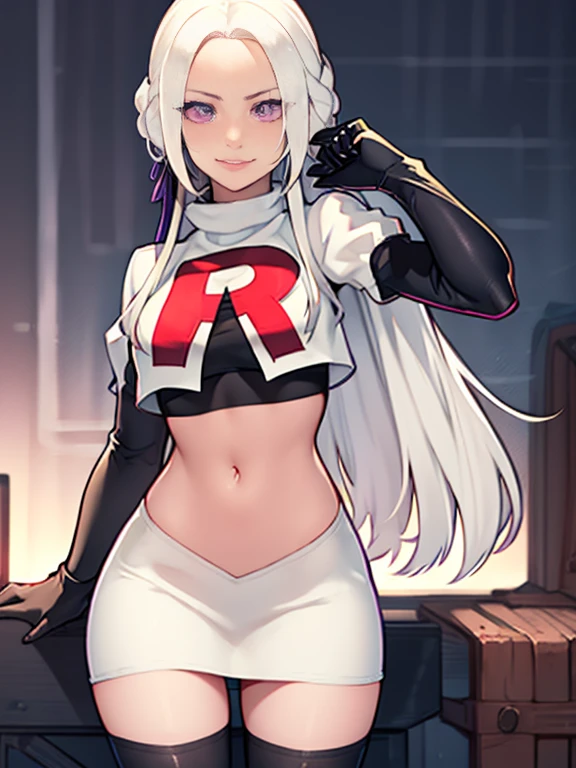 edelgard_Akademie, Haarband, sehr kurze Haare, weißes Haar, lila Augen, schimmernde Lippen ,Team-Raketenuniform, roter Buchstabe R, weißer Rock,weißes bauchfreies Top,schwarze Overknee-Stiefel, schwarze Ellbogenhandschuhe, böses Lächeln, Betrachter betrachten, Cowboy-Schuss