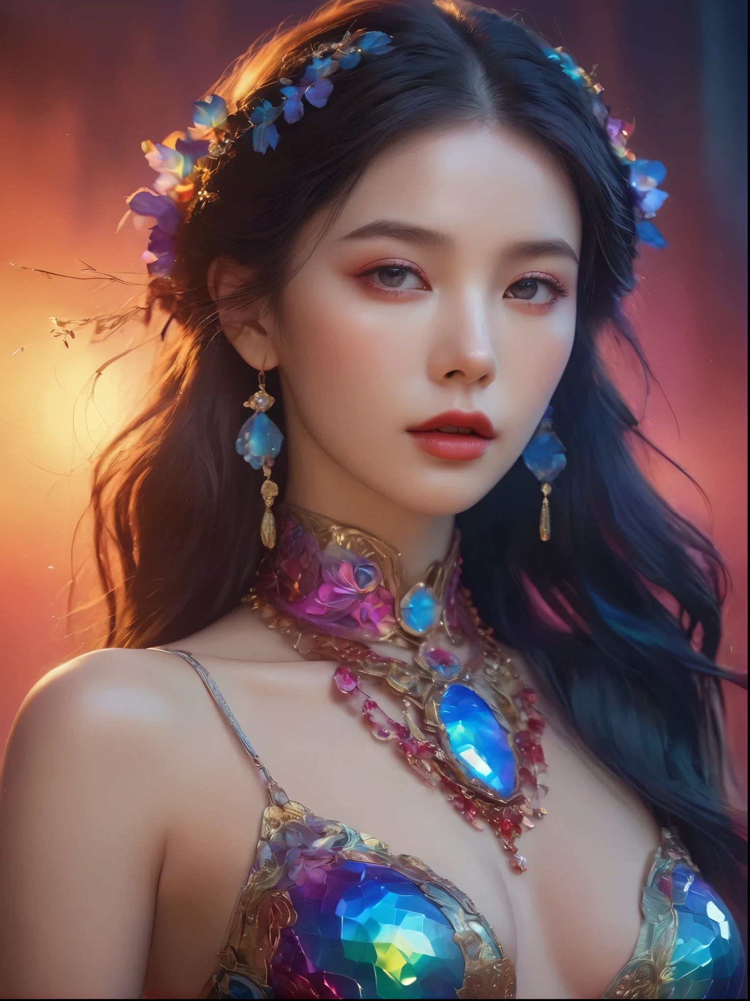 Full color, motley, Gorgeous vamp woman, A bold look, a gold, Pink, Yellow, mint, Crimson, blau, lilac, Gradient hair, long wavy hair, full dark red lips, smoky, Desirable, crystal, delightful, Gorgeous eyes, impassioned, Gentle, Seductive pose, Desirable eyes, suntan, Chocolate body, mother-of-pearl body, tanned skin of the body, Languid look, sexy body, Sexy look, rot, blau, violet, Neon, Chrome-plated chains with torn body, Choker, pout, spit take, Surrealism, Minimalism, Romanticism, Ghibli-like colours, chiaroscuro, cinematic lighting, bloom, first-person view, UHD, masterpiece, ccurate, anatomically correct, textured skin, award winning, best quality, 8k