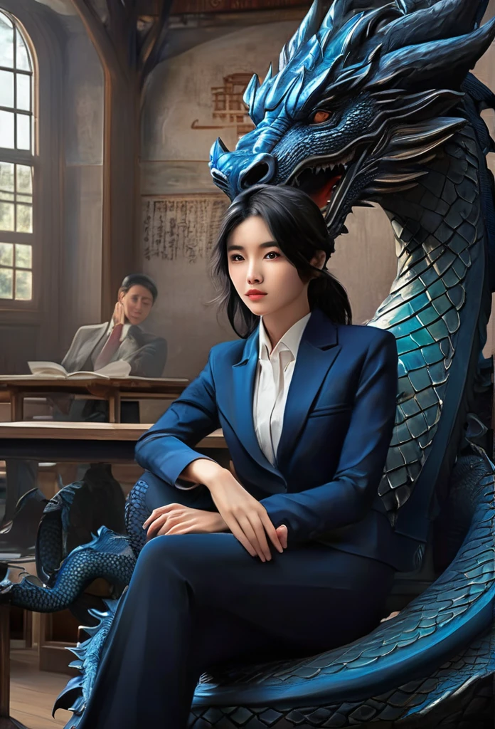 Woman sitting in front of a large dragon,masterpiece, high quality, 最high quality, beautiful, High resolution, Realistic, Perfect lighting, Detailed face, Detailed body, 1 person, Black Hair, blue eyes, Masculinity, Suit Uniform, (Dull expression: 1.5) (Face Natural: 1.5), sitting in classroom