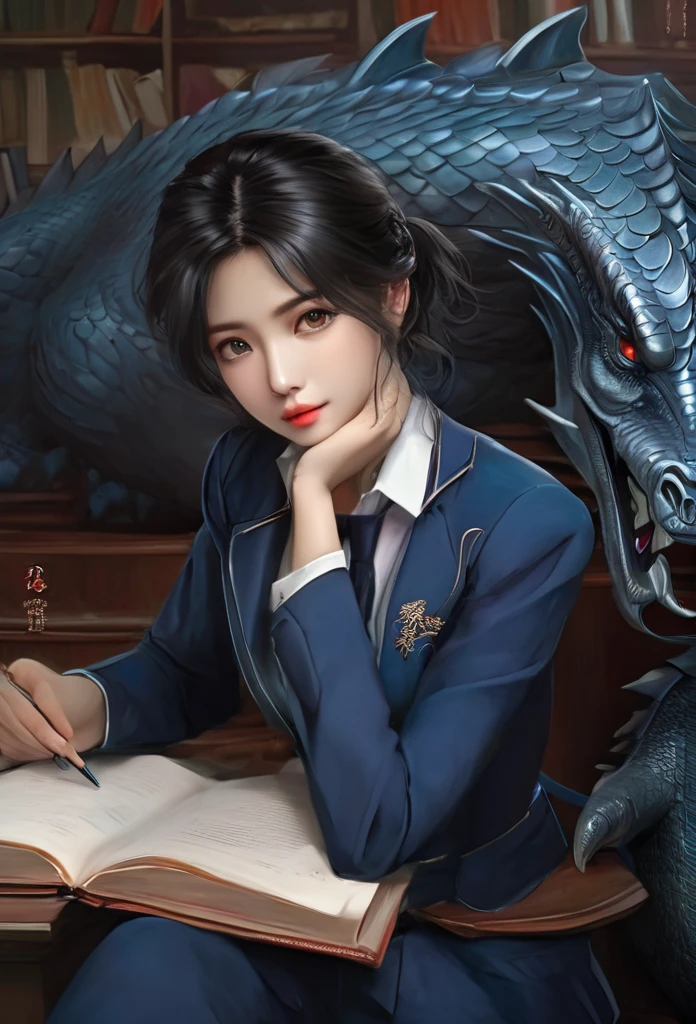 Woman sitting in front of a large dragon,masterpiece, high quality, 最high quality, beautiful, High resolution, Realistic, Perfect lighting, Detailed face, Detailed body, 1 person, Black Hair, blue eyes, Masculinity, Suit Uniform, (Dull expression: 1.5) (Face Natural: 1.5), sitting in classroom