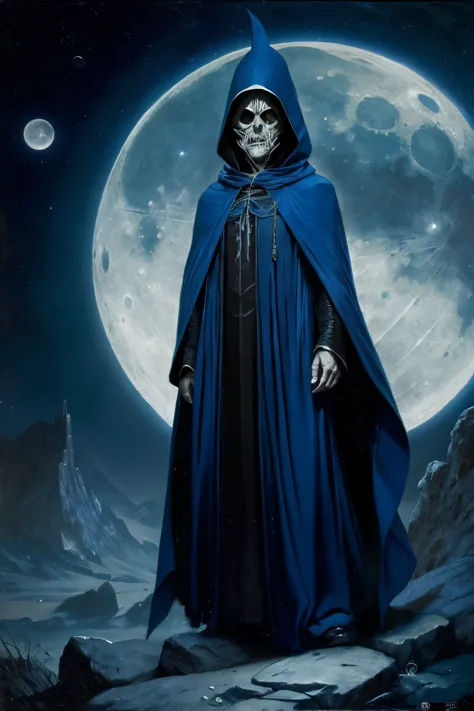 Blue hood. Cloak. Sect dress. Zarathustra's clothes. Moon drawings. Blue cloak. Sect. Moon. Moon sect costume. Creepy. Horror.