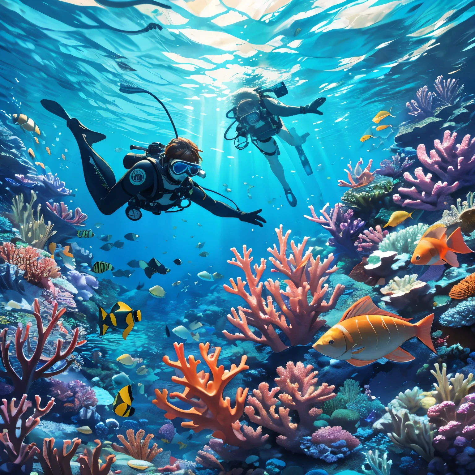 (best quality,8k,highres, masterpiece:1.2), ultra-detailed, HDR, UHD, studio lighting, ultra-fine painting, sharp focus, physically-based rendering, extreme detail description, professional, vivid colors, portraits, concept artists, warm color palette, dramatic lighting,Beautiful seabed background, coral flowers blooming in the middle part of the sand on the seabed, people in diving suits are stretching their hands toward the flowers, schools of fish passing in the distance, colorful fish, warm tropical seas, only around the coral flowers shine brighter than others, even the background is clear and clear, the gorgeous world underwater, the fantastic sea, the light shines on the seabed, Divers wearing goggles and snorkels,