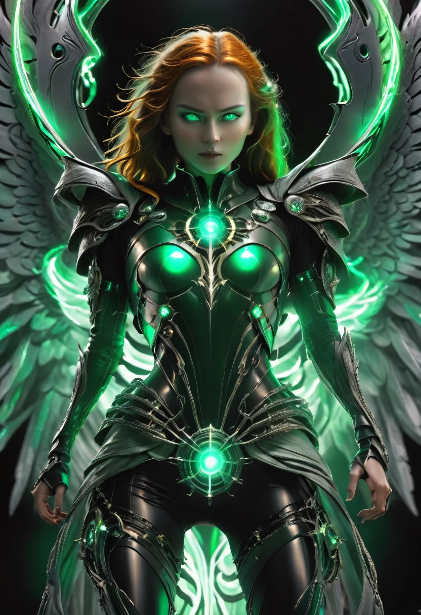 In the darkness, a woman's figure is illuminated by a circular light that frames her head, young  cyborgetic angelic female, complete body, Caucasian skin, short,  body, bio cyborg body, show cleavage, bio cyborg arm's, curved lips, long fire hair, bio cyborg legs, battle Valhalla background,  ultra detailed lighting, larg anglic wings,  ultrarealistic, 8k, neon plasmic emerald eyes,