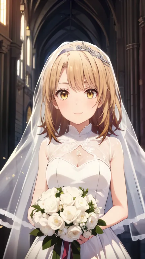 irohaisshiki, Isshiki Iroha,long hair, brown hair, (brown eyes:1.5), smile,Wedding dress、Wedding Skirts,veil,bouquet,break indoo...