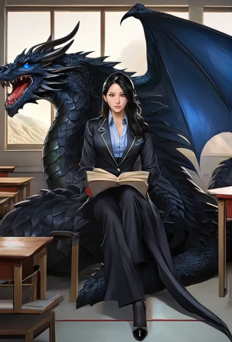 big black dragon,woman sitting in front,masterpiece, high quality, 最high quality, beautiful, high resolution, realistic, perfect...