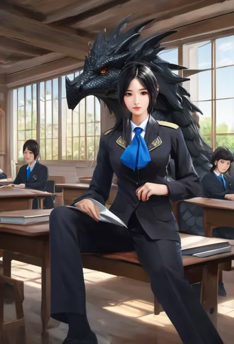 big black dragon,woman sitting in front,masterpiece, high quality, 最high quality, beautiful, high resolution, realistic, perfect...