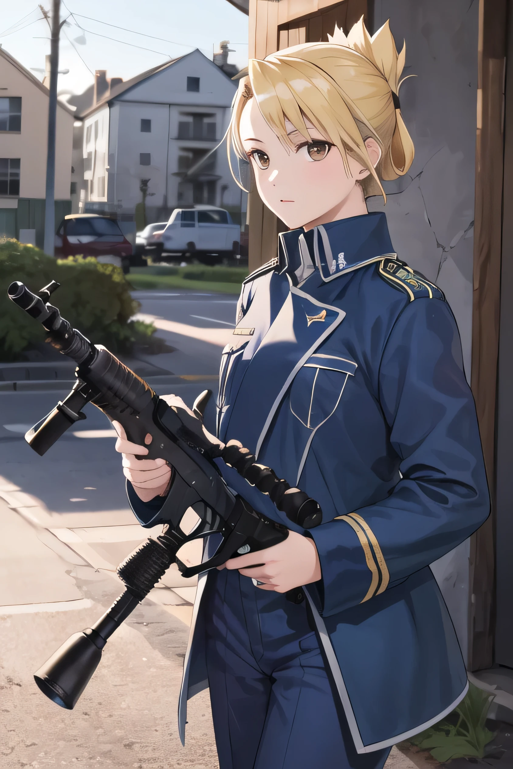 masterpiece, highest quality, High resolution, One girl, Hamriz, Folded ponytail, Brown eyes, Medium chest, uniform, Blue jacket, Blue pants, Are standing, Cowboy Shot, Outdoor, View your viewers,holding a rifle, Has an assault rifle, Gun Action:1.5, masterpiece, Detailed Shadows, Detailed light, Very detailed, ((Dirty and very torn uniform)), (Torn uniform:1.5), battlefield, ruins, Destroyed City, 