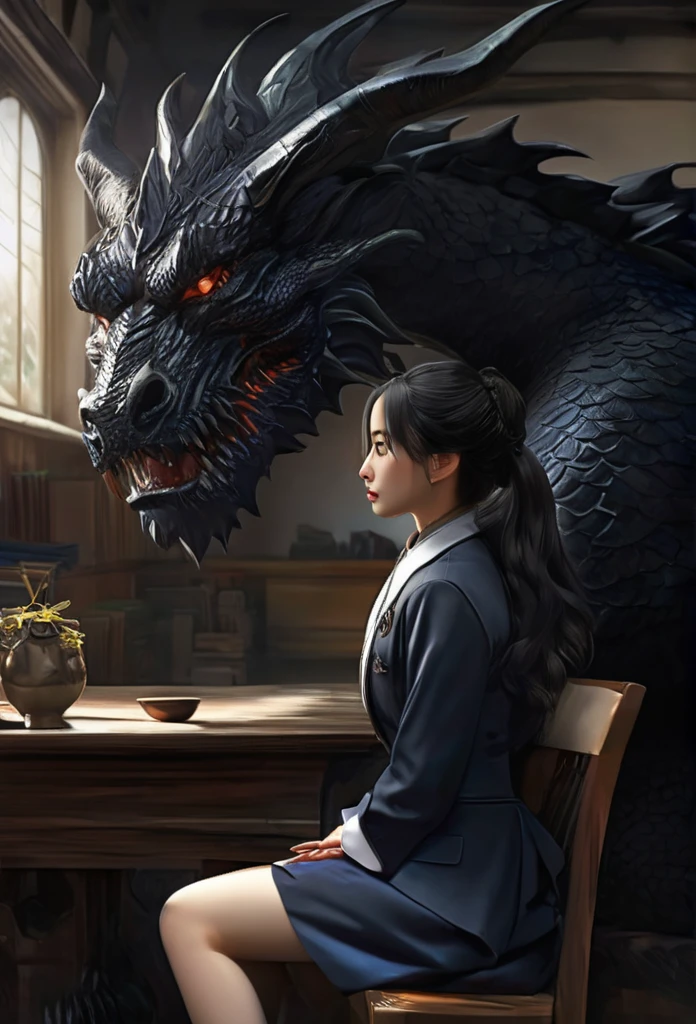 Big black dragon,Woman sitting in front,masterpiece, high quality, 最high quality, beautiful, High resolution, Realistic, Perfect lighting, Detailed face, Detailed body, 1 person, Black Hair, blue eyes, Masculinity, Suit Uniform, (Dull expression: 1.5) (Face Natural: 1.5), sitting in classroom, [Object Object], (Detailed faceの特徴:1.3), (RAW Photos, 16k, masterpiece, 最high quality: 1.2), (ultra realism, Extremely detailed and exquisite realism: 1.3), (広い is written in depth, Radiation Mapping, Ray Tracing, God&#39;s Rays: 1.2), High Dynamic Range, vivid, Rich details, Revealing shadows and highlights, Realistic, intense, Enhance contrast,黒い超巨大な鬼と優雅な写真のためにポーズをとる赤い目のbeautiful女性, arpino,Gray Hair,Face to face, Ultra-realistic, Clear images,（（A giant black demon in the background））,Demon in the background!,（（Ogre in the background））