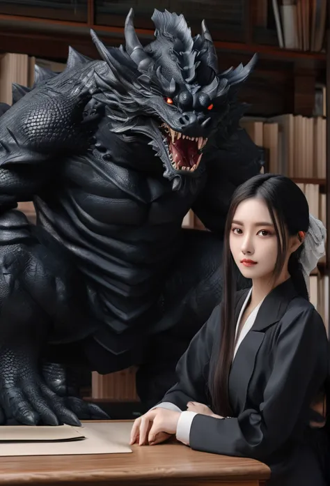 big black dragon,woman sitting in front,masterpiece, high quality, 最high quality, beautiful, high resolution, realistic, perfect...